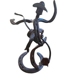 Rustic Horseshoe Cowboy Horse Broncking Metal Sculpture Western Decor